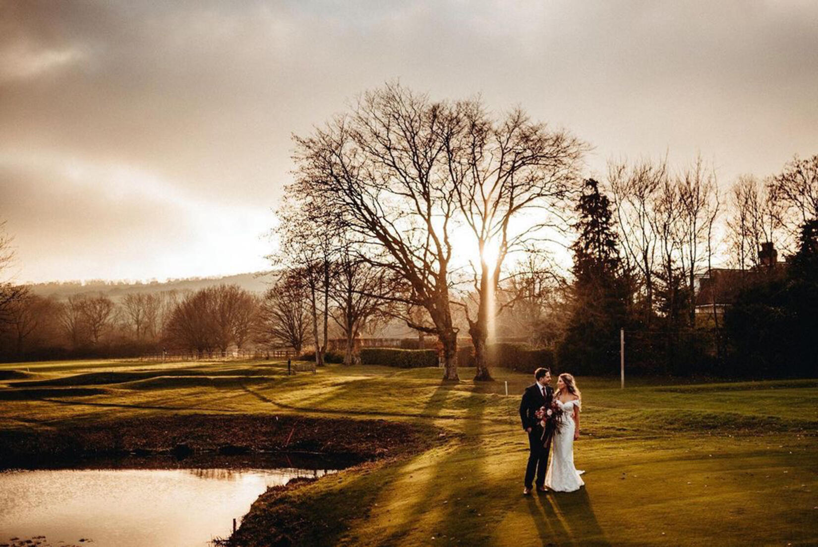 A image of a couple for a wedding in the evening outside