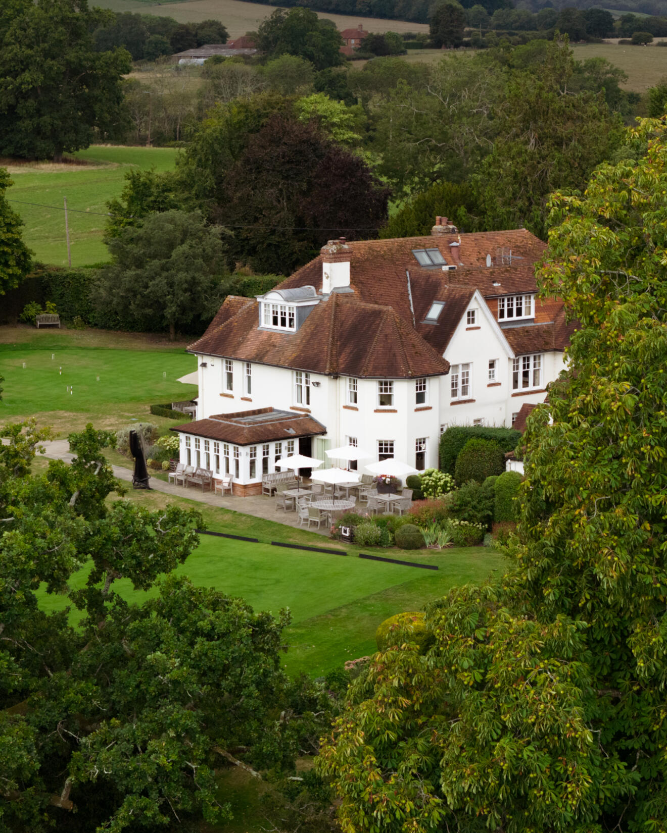 An exterior aerial view of the hotel